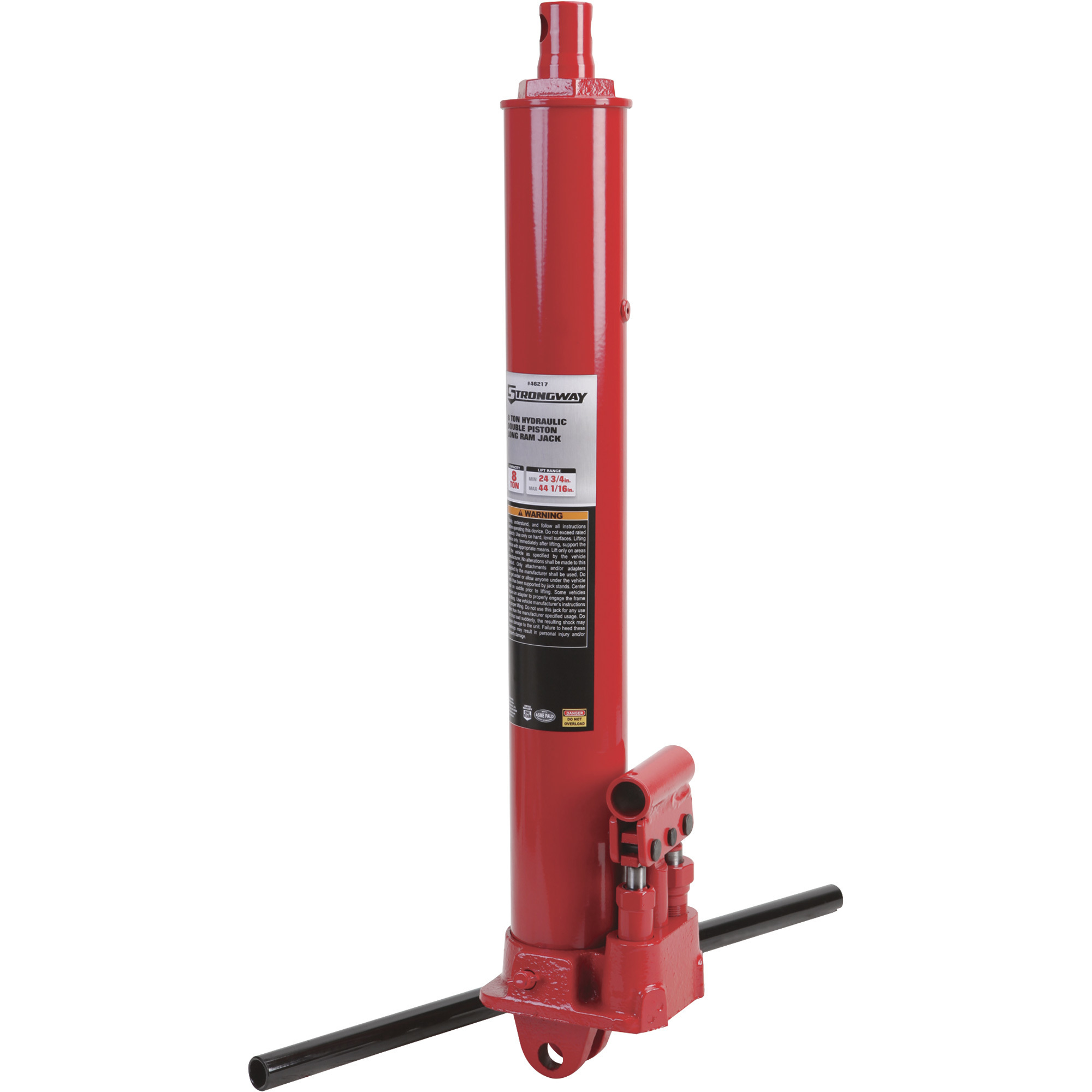 Strongway 8-Ton Long Ram Hydraulic Jack, Double Piston, Clevis Base, 24-3/4in.–44-1/16in. Lift Range